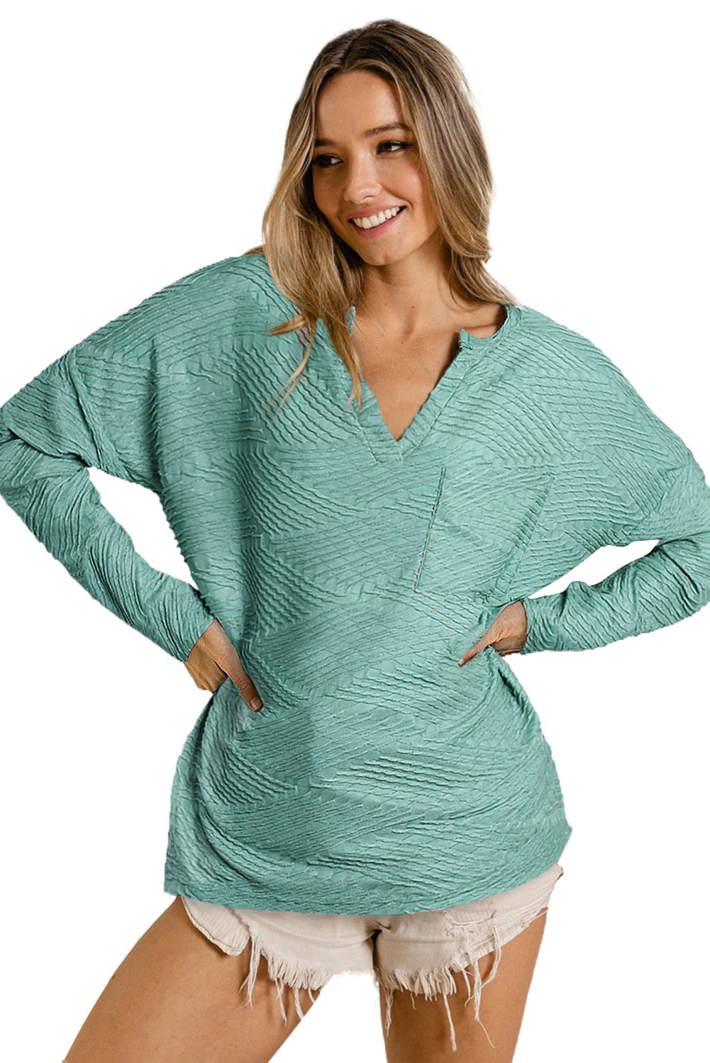 Green Textured Split V Neck Long Sleeve Top