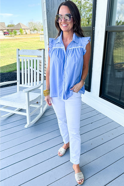 Sky Blue Ric Rac Trim Collared Pleated Ruffle Top