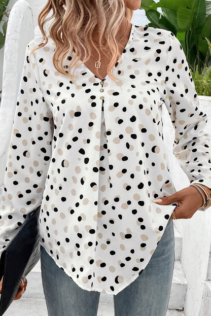 Green Dotted Print Button Front V Neck Blouse