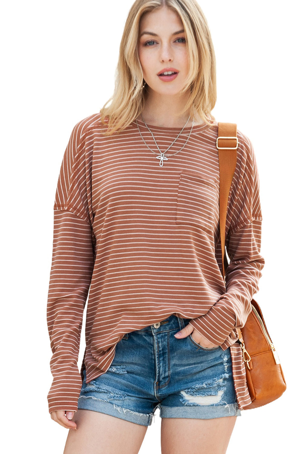 Stripe Side Slits Stitching Patchwork Long Sleeve Top