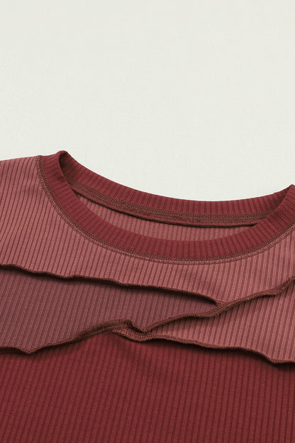 Brown Expose Seam Color Block Ribbed Knit Top