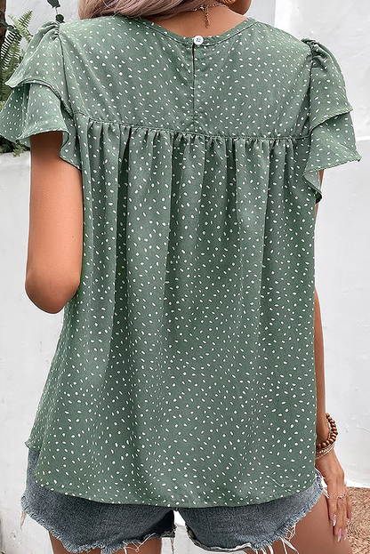 Laurel Green Spot Print Pleat Ruffle Sleeve Blouse