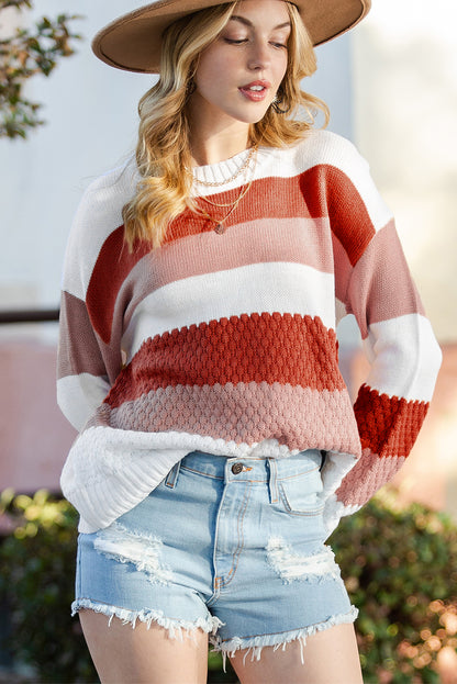 Red Striped Colorblock Drop Sleeve Knitted Sweater