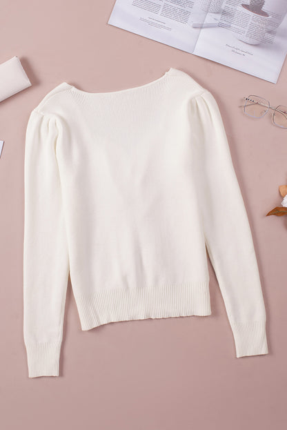 Beige Ruched Casual Rib Knit Sweater