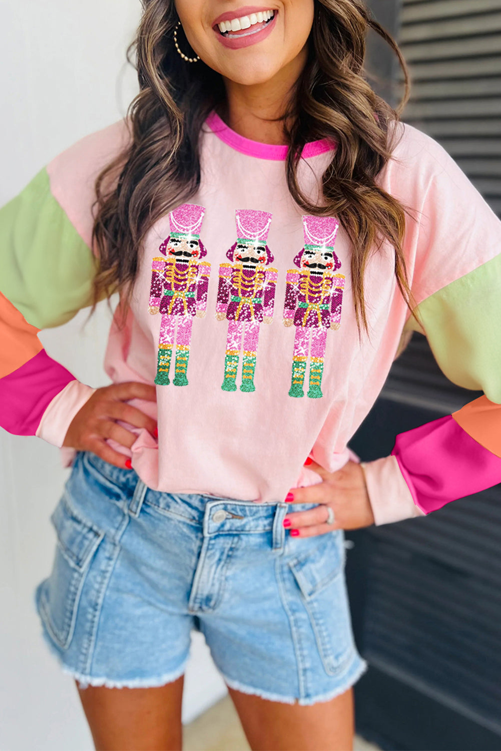 Pink Colorblock Nutcracker Print Graphic Sweatshirt