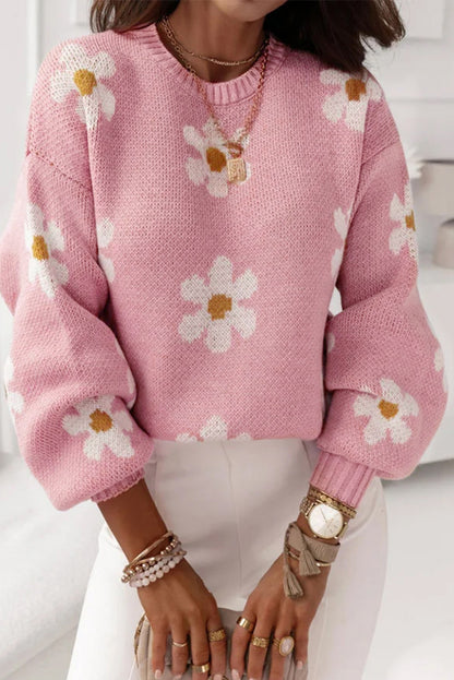 Pink Floral Pattern Drop Shoulder Pullover Knit Sweater