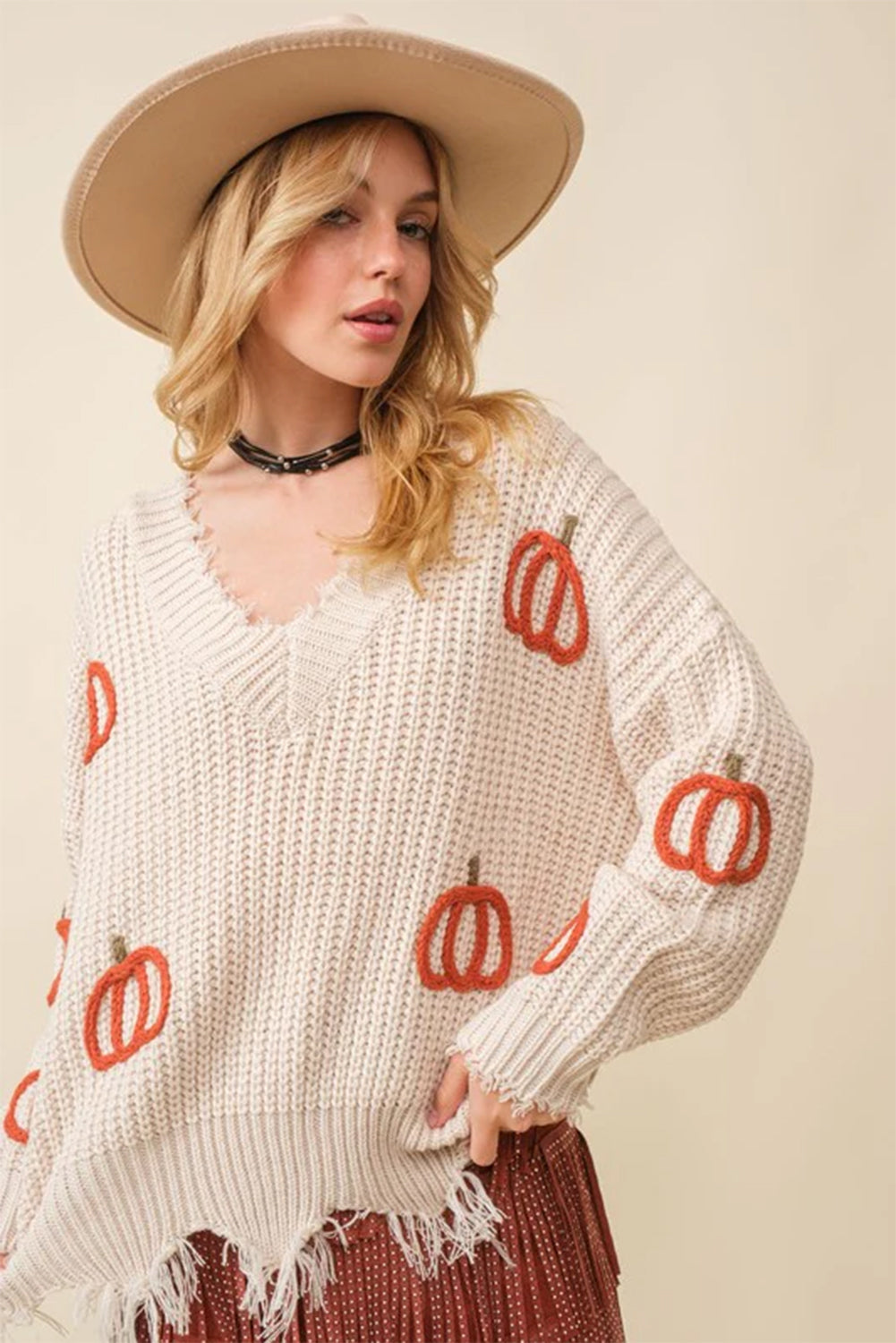 Beige Pumpkin V Neck Distressed Edge Knit Sweater