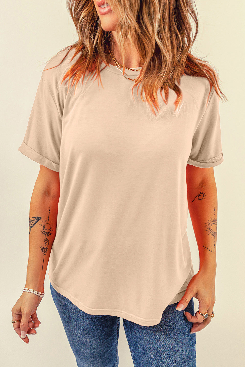 Rose Red Solid Color Crew Neck Roll Up Sleeve Tee
