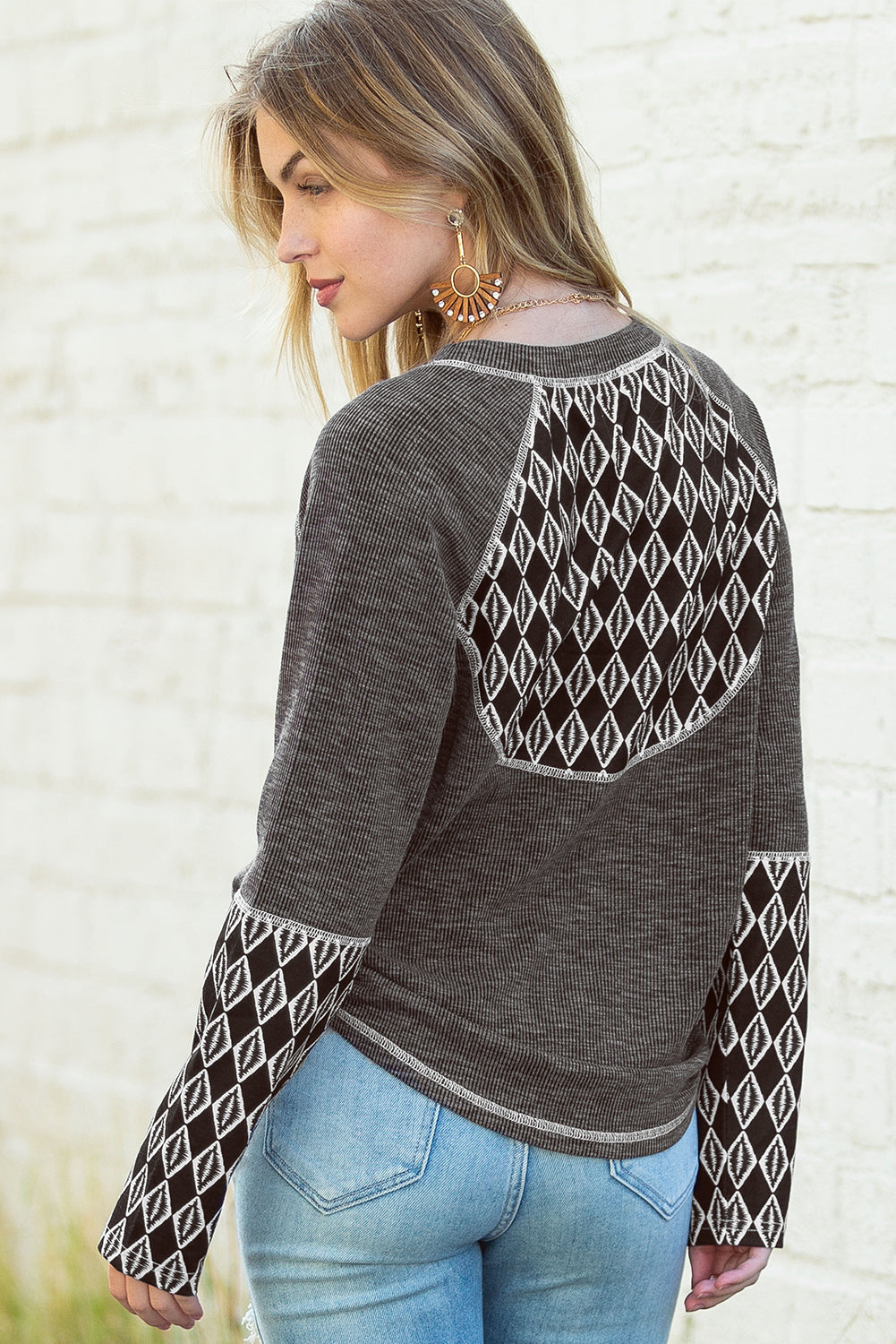 Gray Ribbed Casual Geometric Patchwork Long Sleeve Top