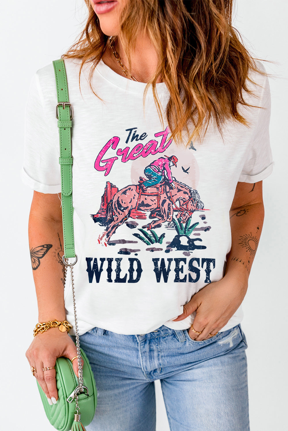 White The Great WILD WEST Rodeo Graphic Crew Neck T Shirt