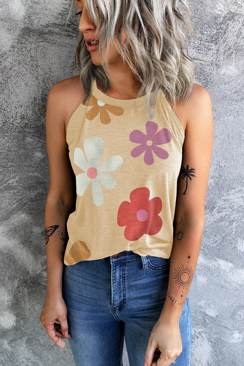 Khaki Flower Print O Neck Summer Tank Top