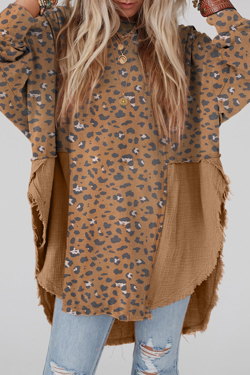 Gray Raw Edge Leopard Patchwork Oversized Blouse