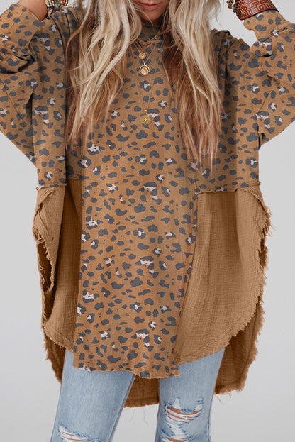 Gray Raw Edge Leopard Patchwork Oversized Blouse