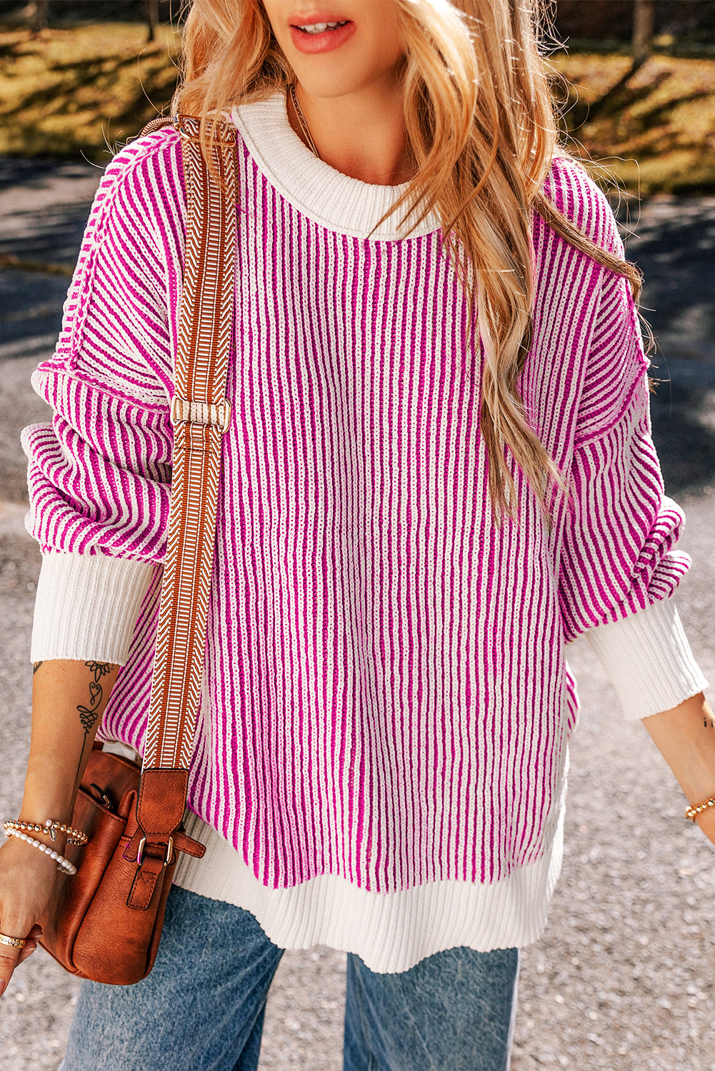 Black Striped Contrast Trim Loose Sweater