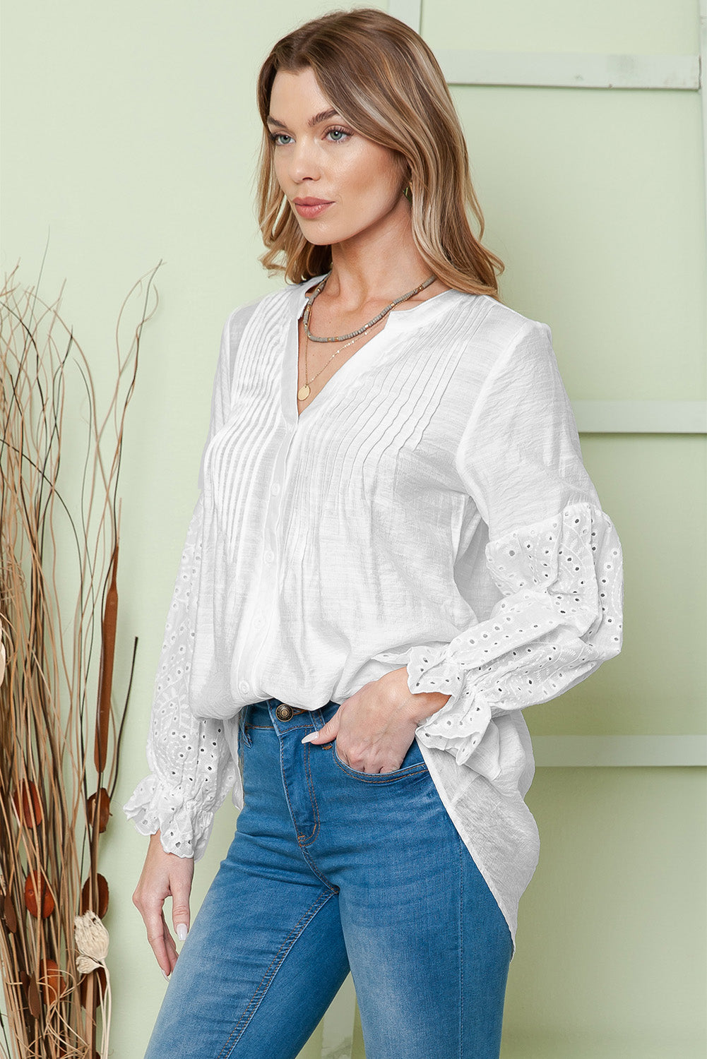 White Casual Eyelet Button Up Blouse for Women