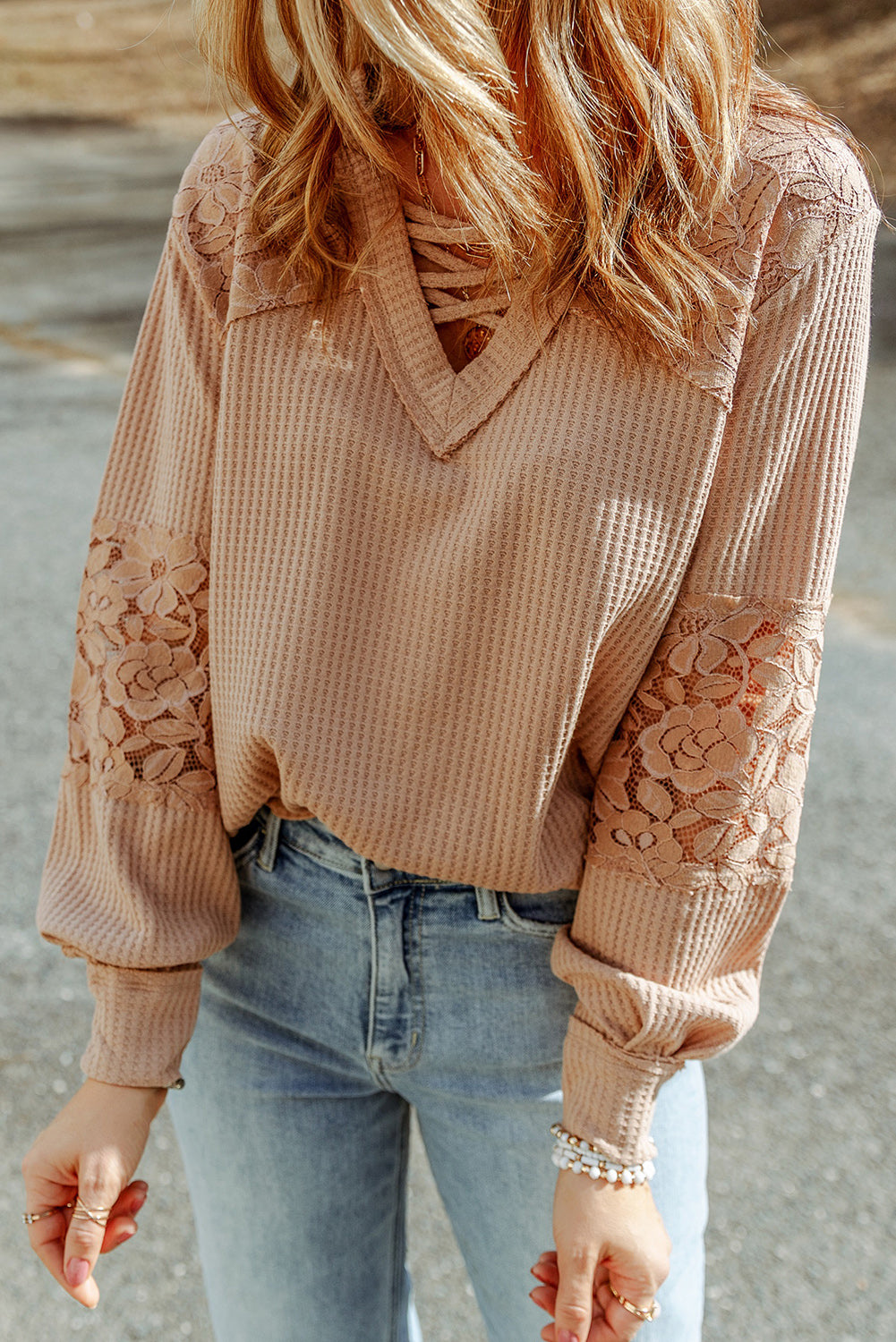 Pink Lace Waffle Knit Crisscross Straps V Neck Long Sleeve Top