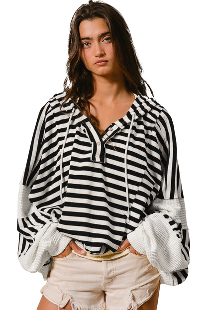 Black White Striped Waffle Patchwork Baggy Hooded Top