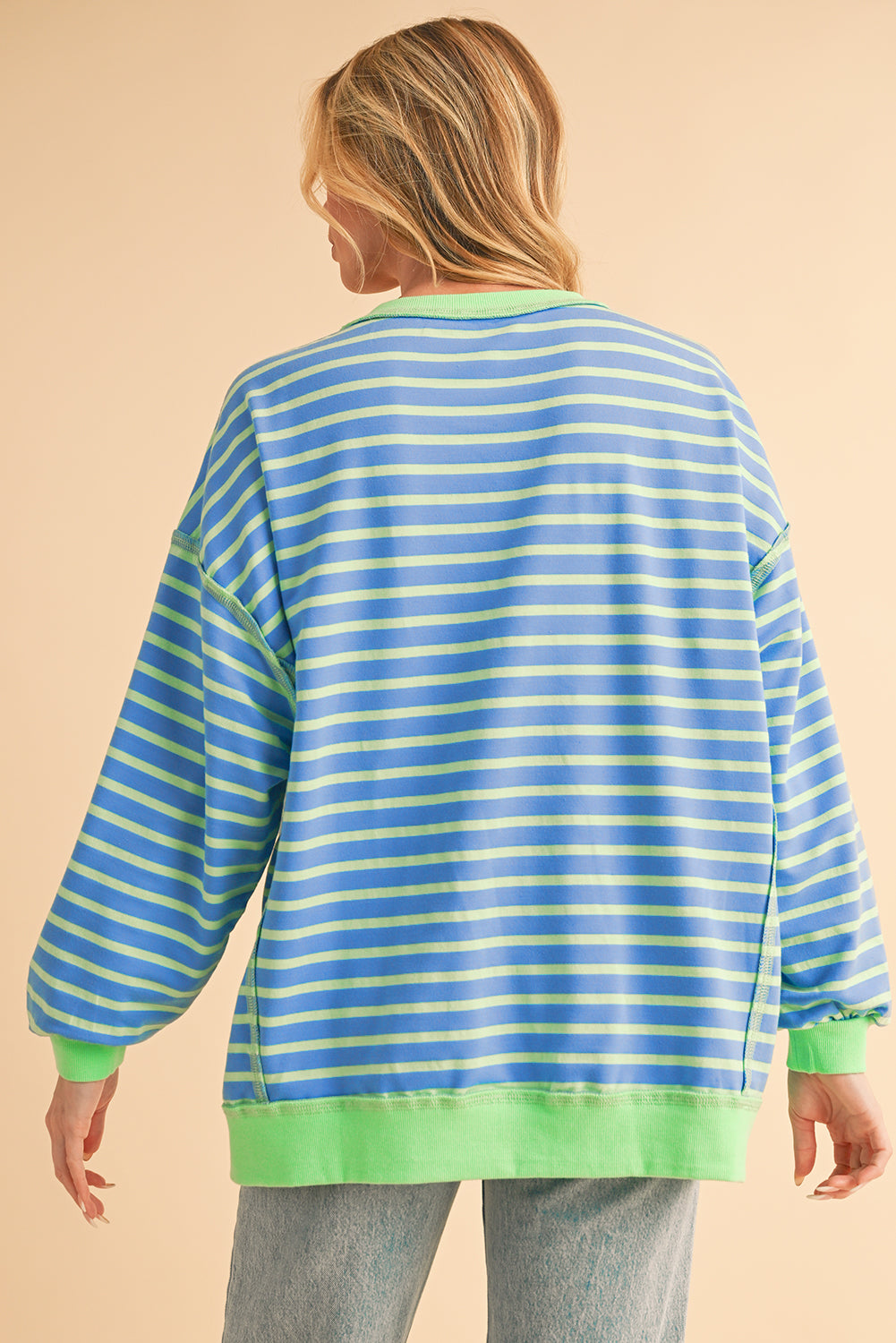 Sky Blue Stripe Contrast Trim High Low Tunic Sweatshirt