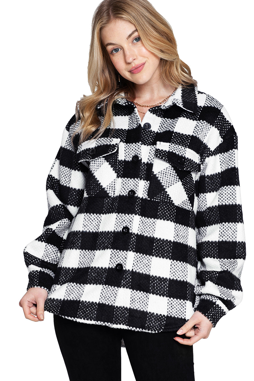 Black & White Elegant Plaid Textured Flap Pocket Shacket