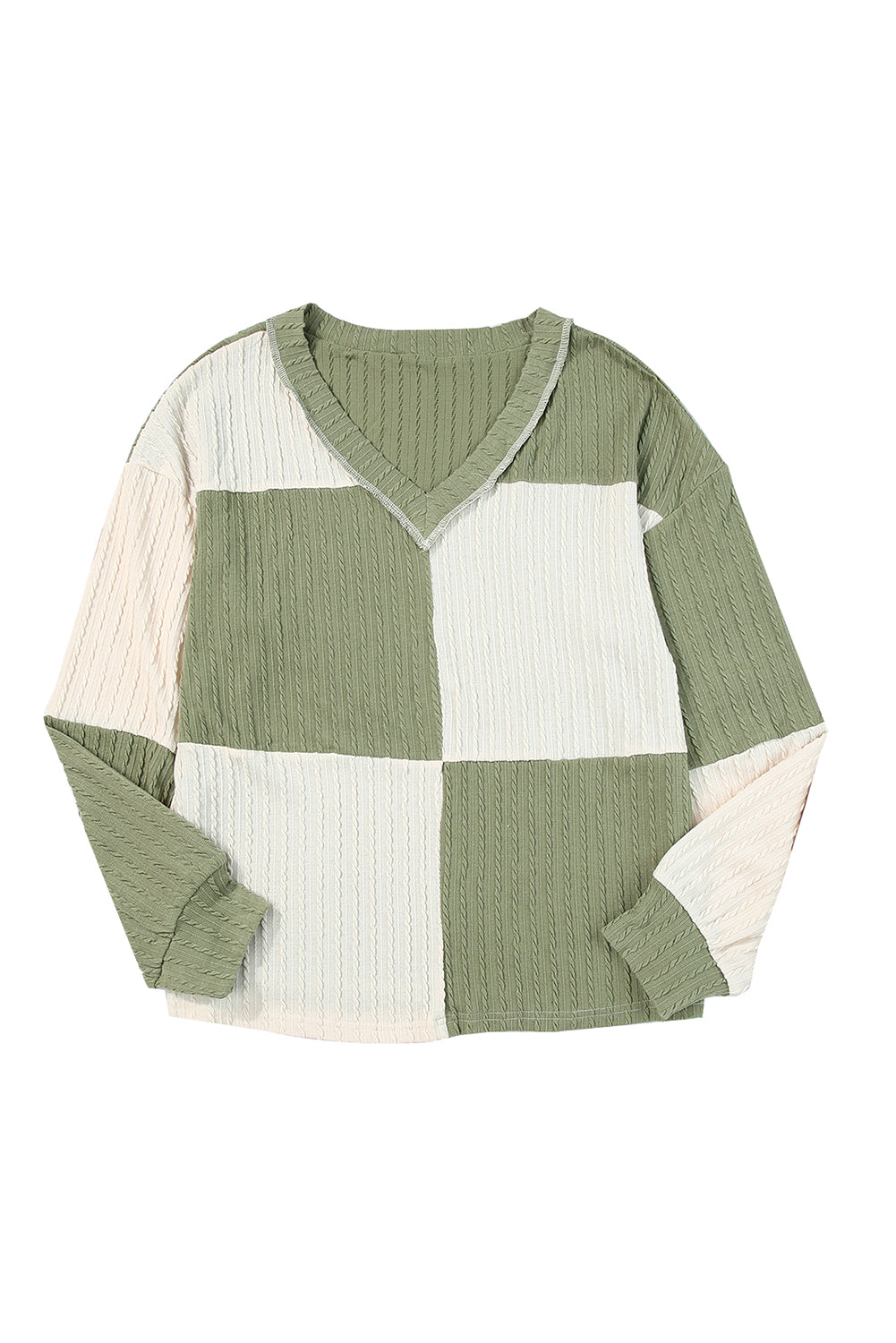 Green and Beige Color Block Textured V Neck Long Sleeve Top