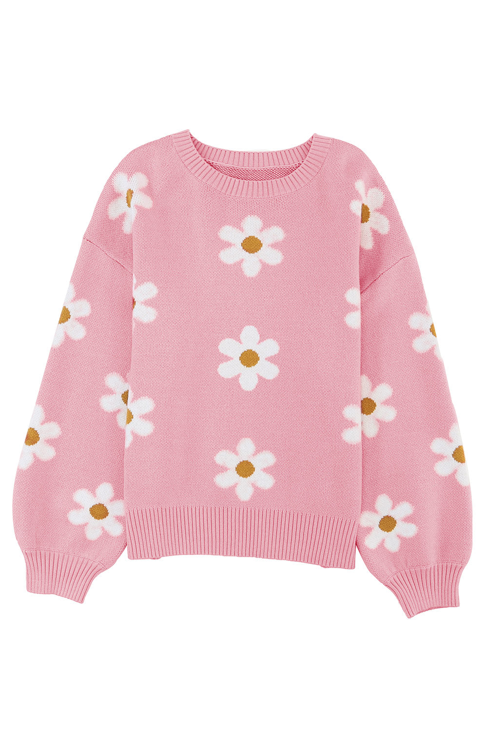 Pink Floral Pattern Drop Shoulder Pullover Knit Sweater