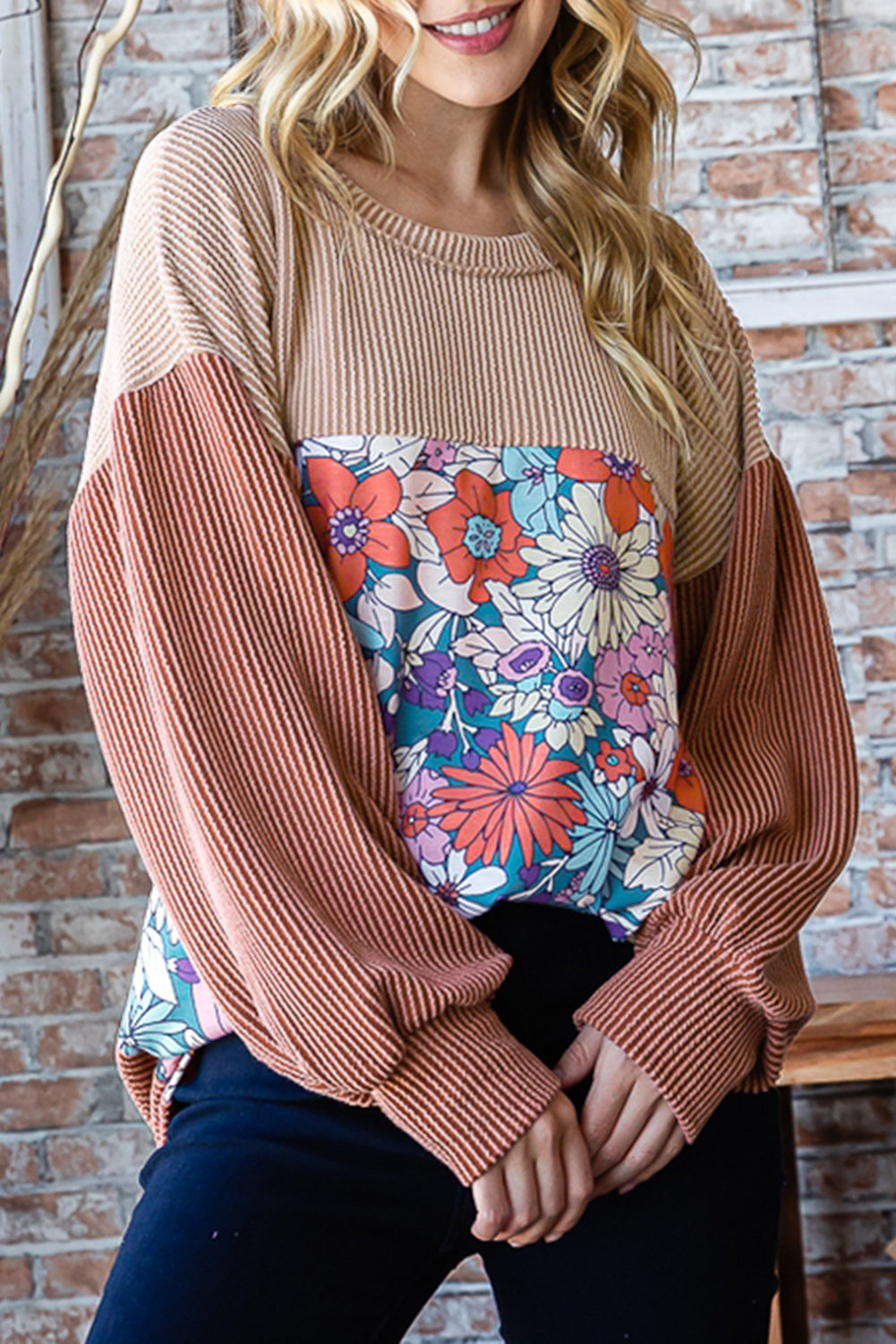 Floral Splicing Ribbed Drop Shoulder Long Sleeve Top