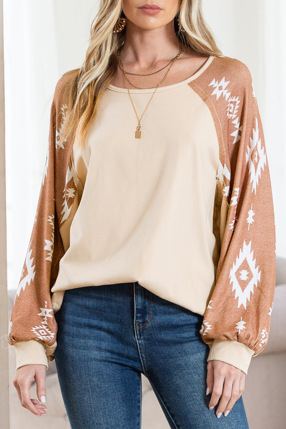 Apricot Casual Ethnic Print Patch Long Sleeve Top