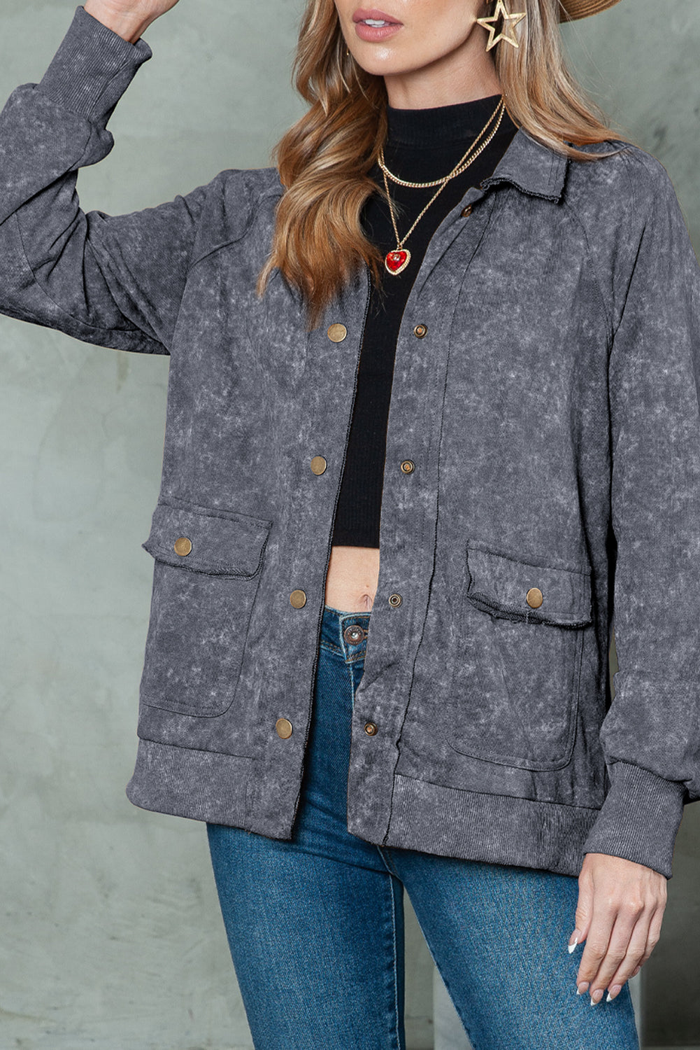 Dark Blue Snap Button Casual Flap Pockets Jacket