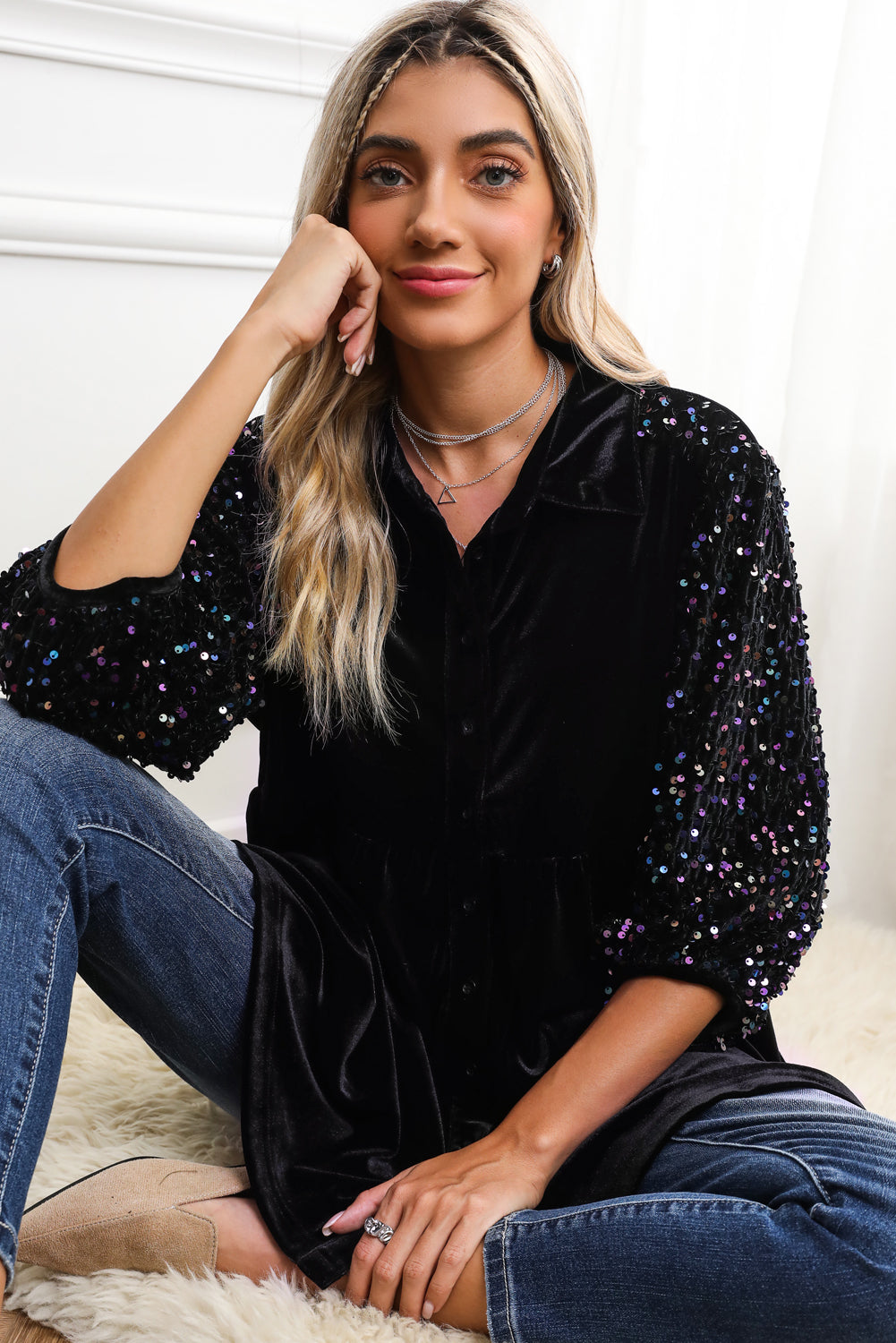 Black Velvet Sequin Puff Sleeve Button Babydoll Blouse