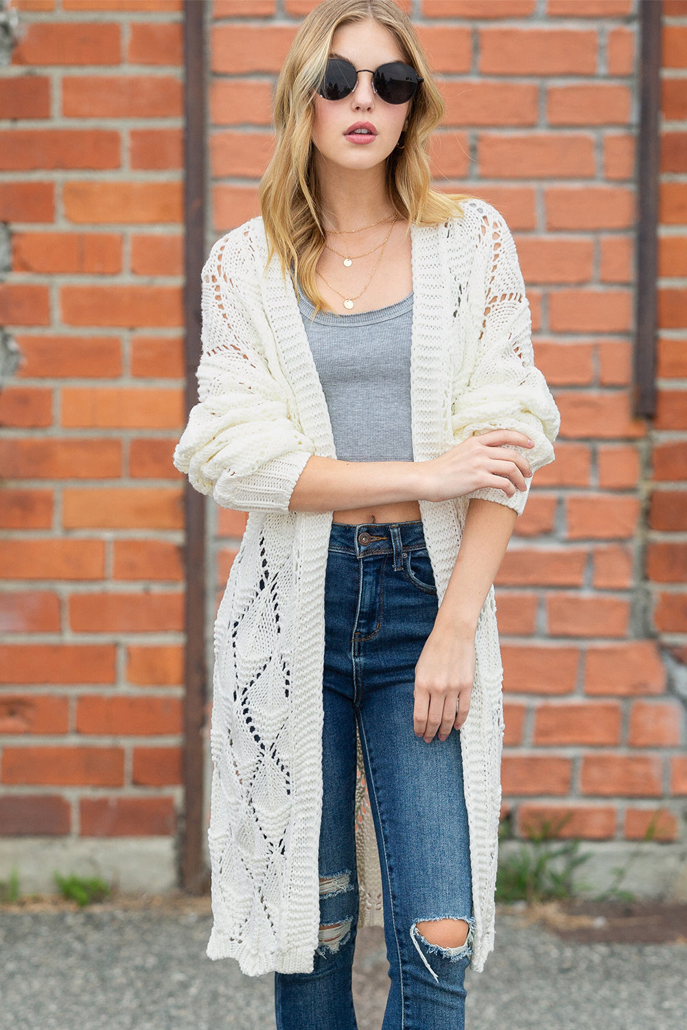 White Crochet Knit Hollowed Open Front Cardigan