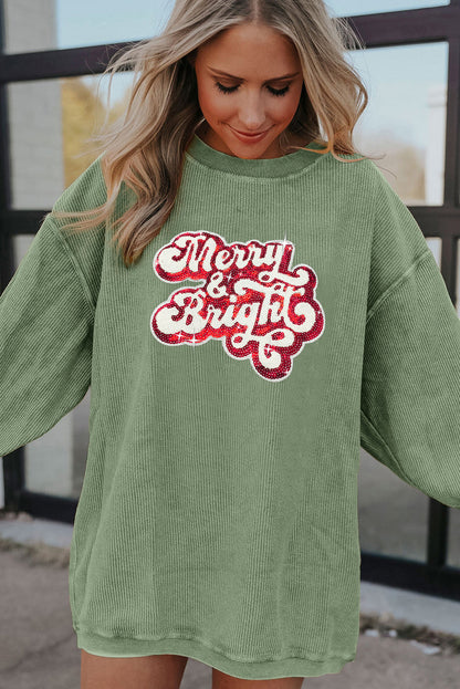 Racing Red Merry & Bright Sequin Ribbed Graphic Sweatshirt