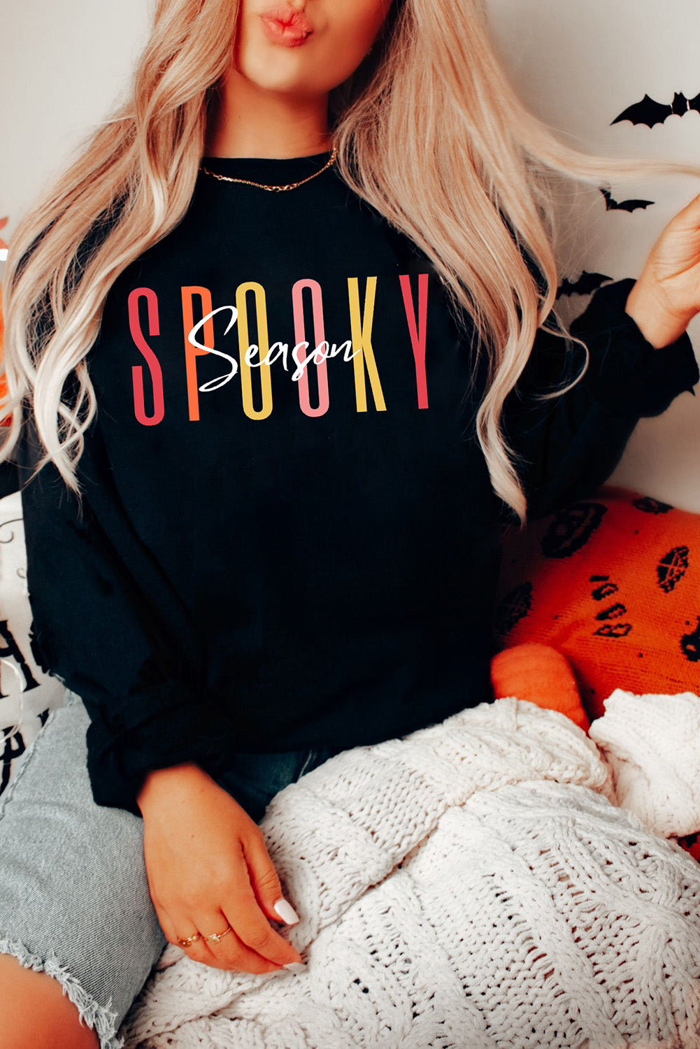 Black Spooky Season Halloween Fashion Graphic Sweatshirt