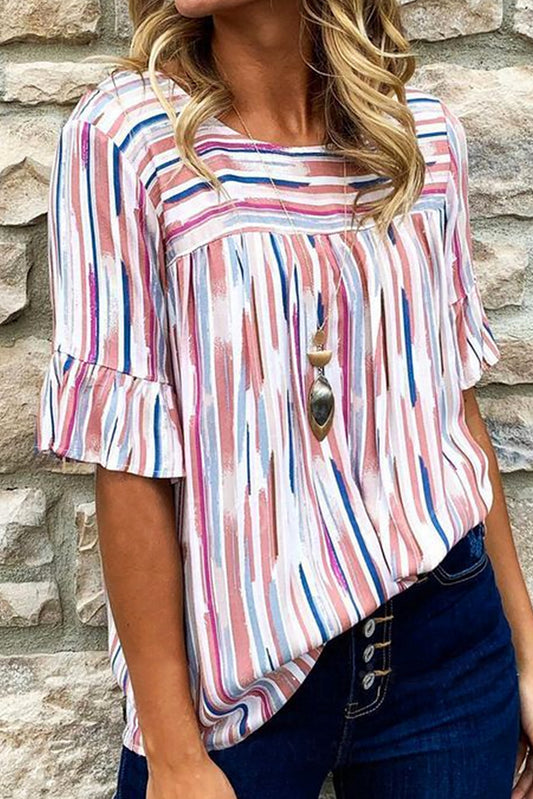 White Colorblock Striped Ruffle Half Sleeve Blouse