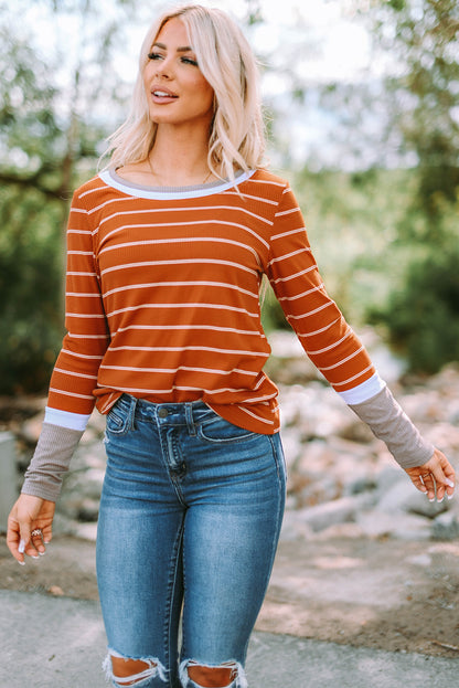 Brown Contrast Spliced Color Block Cuffs Rib Knit Top