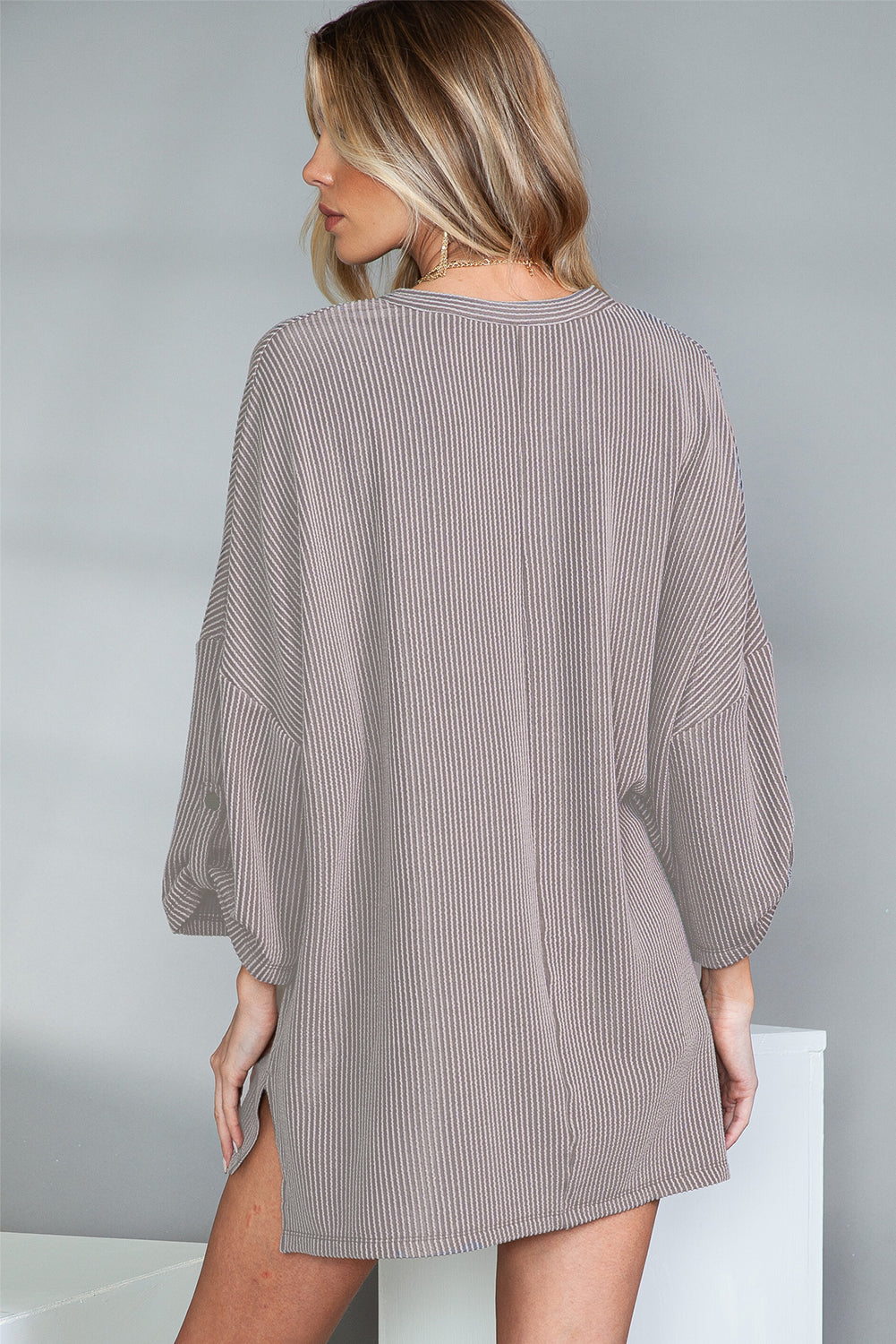 Grey V Neck Drop Sleeve Ribbed Top