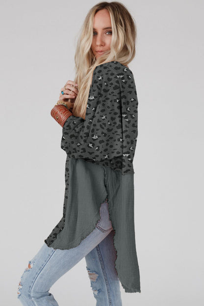 Gray Raw Edge Leopard Patchwork Oversized Blouse