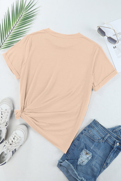 Rose Red Solid Color Crew Neck Roll Up Sleeve Tee