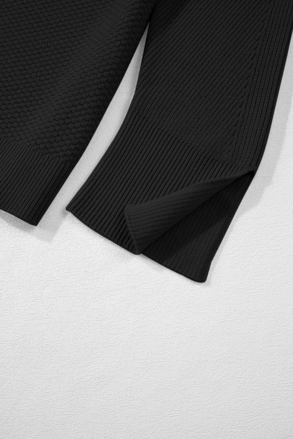 Gray Textured Knit Split Cuff Drop Shoulder Loose Sweater