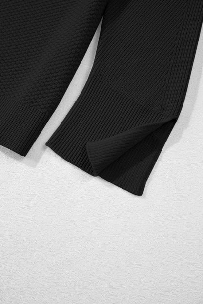 Gray Textured Knit Split Cuff Drop Shoulder Loose Sweater