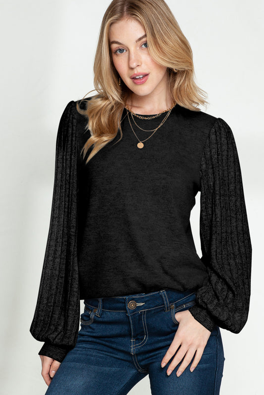 Black Solid Color Contrast Bishop Sleeve Top