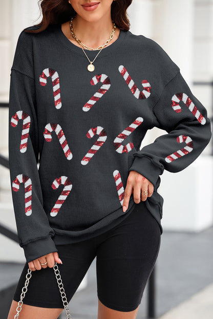 Black Xmas Candy Cane Shining Graphic Corded Sweatshirt