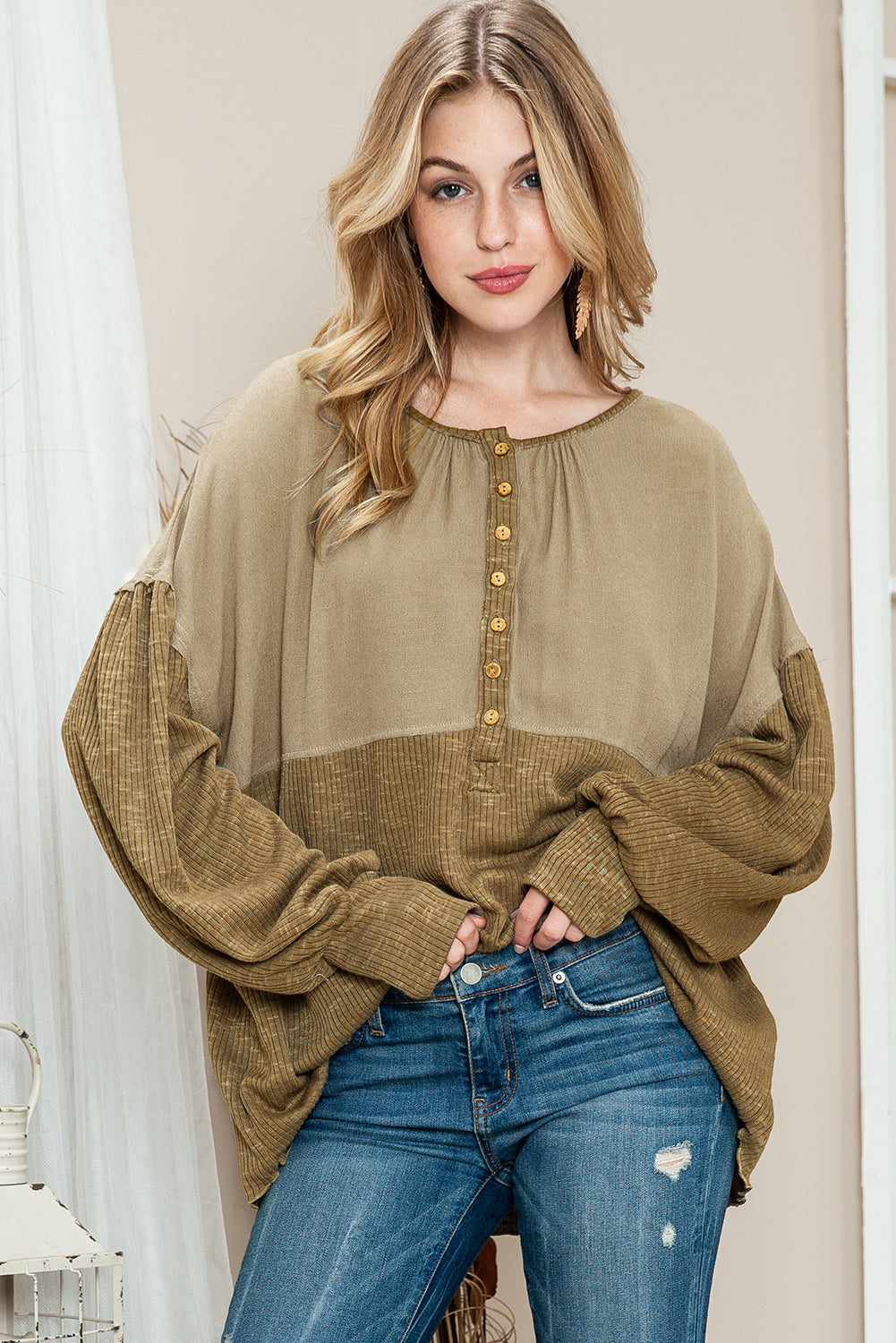 Khaki Ribbed Patchwork Bishop Sleeve Henley Top