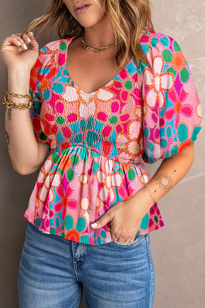 Pink Abstract Print Puff Sleeve Blouse V Neck Smocked Peplum Top