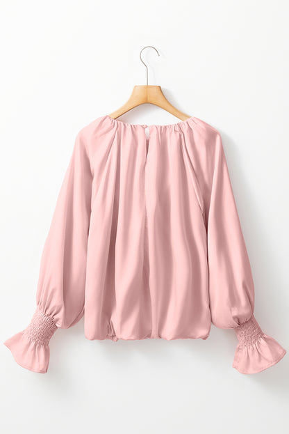 Apricot Pink Pleated Round Neck Smocked Cuffs Satin Blouse