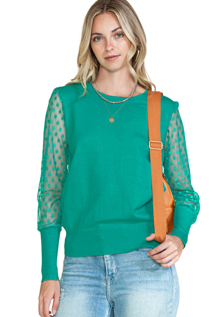 Green Dotted Mesh Puff Sleeve Top