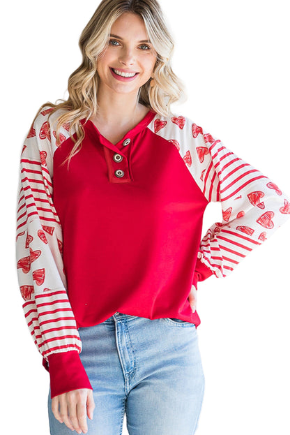 Fiery Red Heart Striped Raglan Sleeve Henley Top