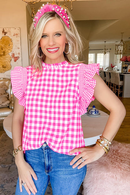 Black Checkered Ruffled Trim Frilled Neck Blouse