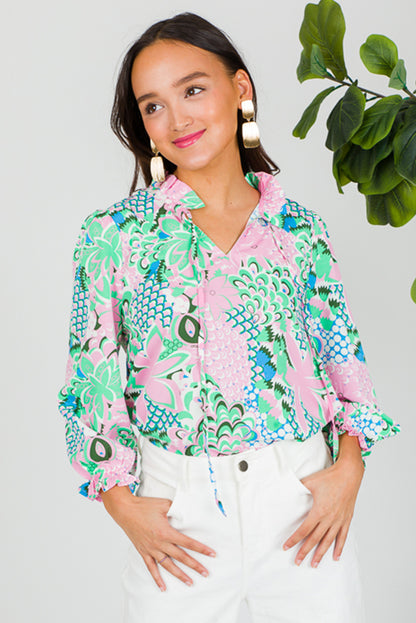 Green Tropical Floral Frill V-Neck Puff Sleeve Blouse