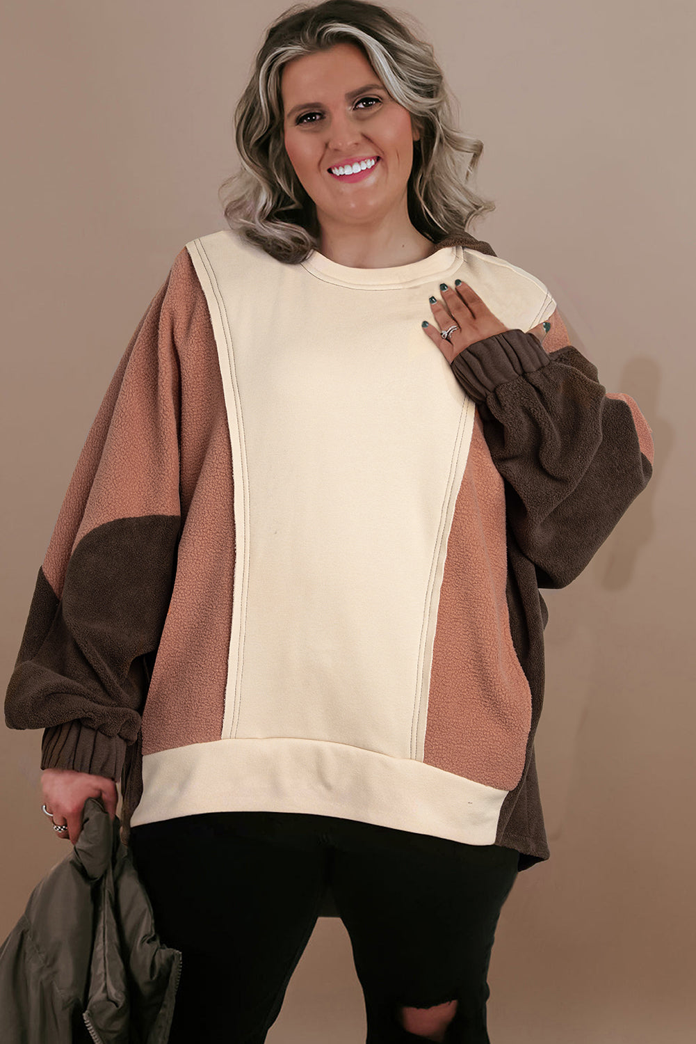 Brown Plus Size Exposed Seam Patchwork Sweatshirt