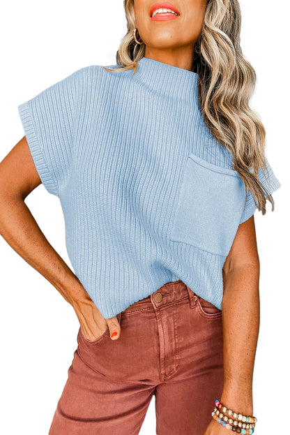 Beau Blue Patch Pocket Ribbed Knit Short Sleeve Sweater